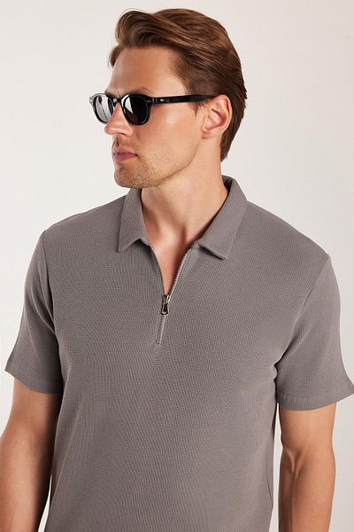 Tudors Men's Slim Fit Slim Fit 100% Cotton Zippered Gray Polo Neck T-Shirt