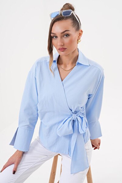 Flame İstanbul Butik Bluză albastră cu legături laterale cu două rânduri de nasturi SRP2002