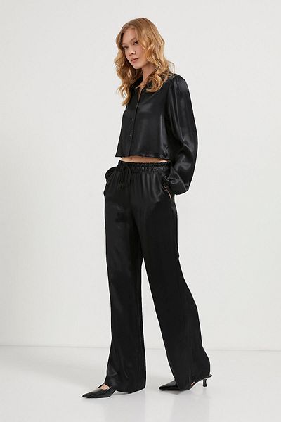 Arma Life Women's Satin Textured Loose Black Trousers with Elastic Waist