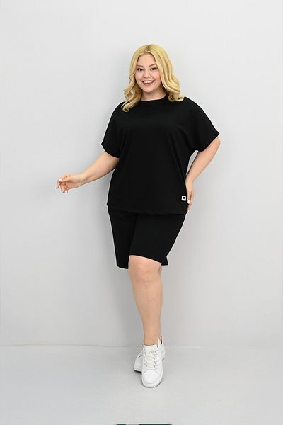 Koza Butik Women's Plus Size Short Sleeve Label Detailed Shorts Set 8194-25