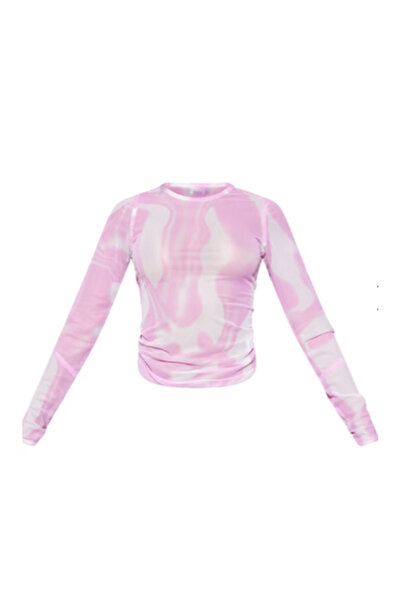 MOVİMENT Women's Pink Printed Mesh Paneled Tulle Blouse