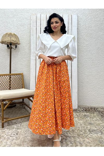 KÜÇÜĞÜM BUTİK Πορτοκαλί Floral Poplin Flared φούστα