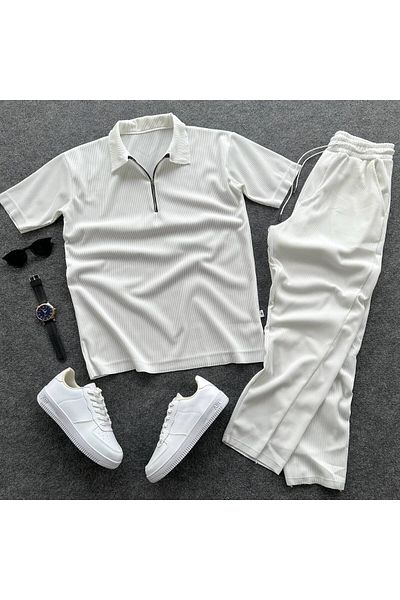 tetramoda Set of 2 Ribbed Half-Zip Polo Neck T-Shirt and Baggy Pants
