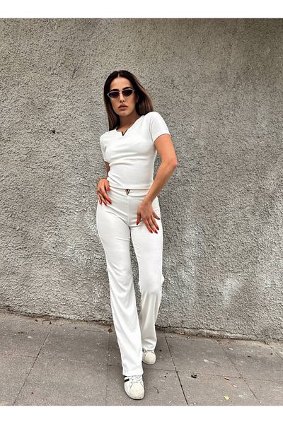 LE CARAMBOLE Women's White Ottoman Fabric V Accessory Crop Pants Bottom Top Set