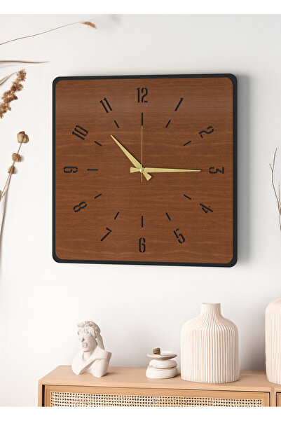 LUPOKRAFT Modern Tasarım Ahşap Duvar Saati | Siyah & Ceviz MDF | 48cm Büyük Boy
