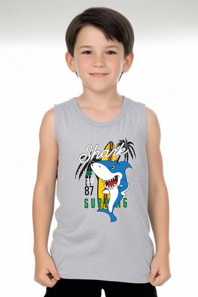 FYK KİDS Boy's Printed Zero Sleeve Shark Surfing Top-Bottom Suit