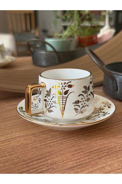 NADY STUDIO Klas 2-Person Porcelain Handmade 24K White and Yellow Gold Embroidered Handmade Coffee Cup Set