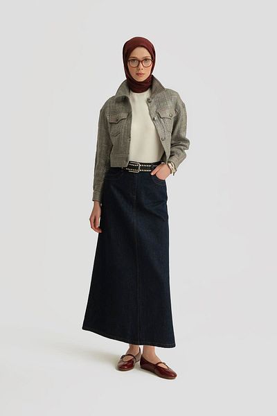 Armine Denim Skirt with Knitted Detail 25Yd9122 Dark Navy Blue