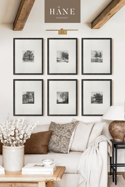 Hane Concept Vintage Çerçeveli 6'lı Tablo Seti, Galeri Duvarı, Ağaç Baskılı Tablo, Çiftlik Evi Tarzı, 40x50 cm