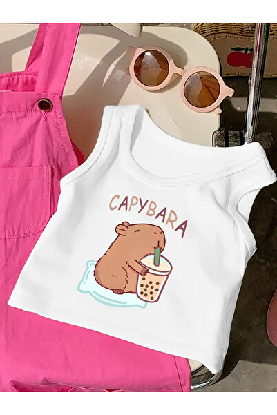 LOUİSA Tricou alb din bumbac pieptănat cu mâneci zero Capy Bara pentru fete-b...