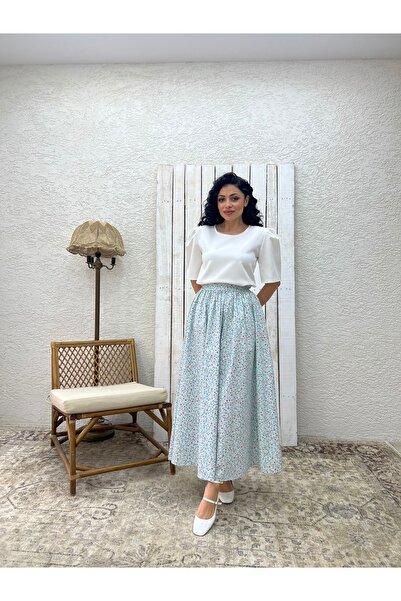KÜÇÜĞÜM BUTİK Turquoise Floral Poplin Flared Skirt