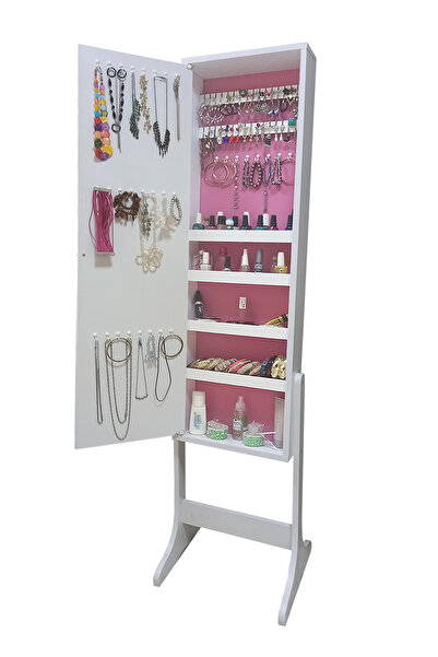 First Mobilya Number one -YK- Demonte Ayaklı Aynalı Takı Dolabı Hediyelik Çok Amaçlı G-Beyaz K-Pembe