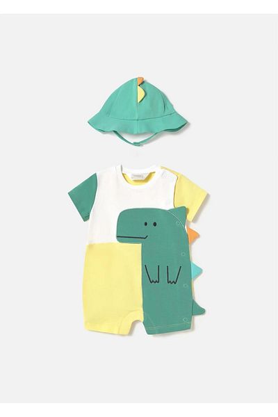 MAYORAL Baby Boy Dinosaur Jumpsuit with Hat Yellow 1617