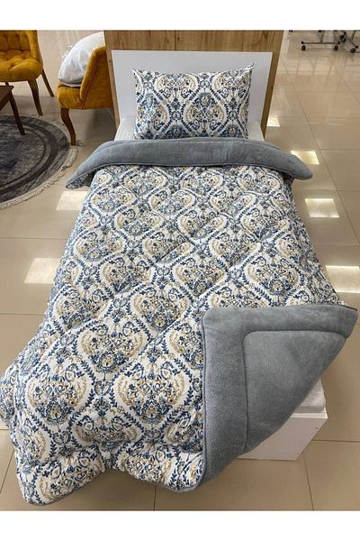 VİLERA HOME Blue-White Soft Welsoft Single Personality Quilt (with Pillow Case)