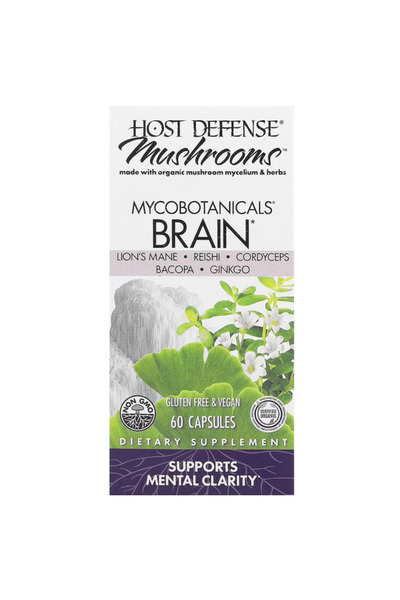 Host Defense MycoBotanicals Brain - Brain Support with Lion's Mane, Reishi & Cordyceps Mushroom 60 Capsules