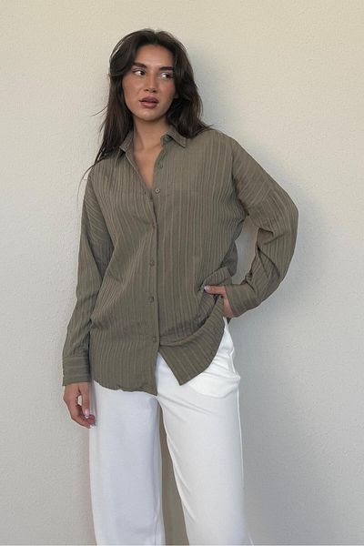 Madmext Langärmliges gestreiftes Khaki-Oversize-Hemd - MG2080