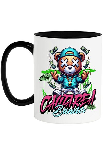 StoryGift Romania Mug with Gangster Style Teddy Bear, Flying Money Banknotes, Text in Search of Money, With ,STG