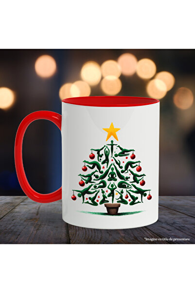 StoryGift Romania Mug with a tree made of little green men in yoga positions, Merry Christmas, illu, With ,STG