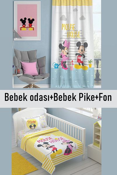 Taç Minnie and Mickey Baby Pique Set + Background Curtain + Pillow Case