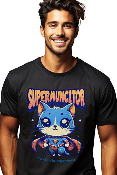 StoryGift Romania Tricou bărbătesc Super Worker, Supererou, Pisică Zburătoare...