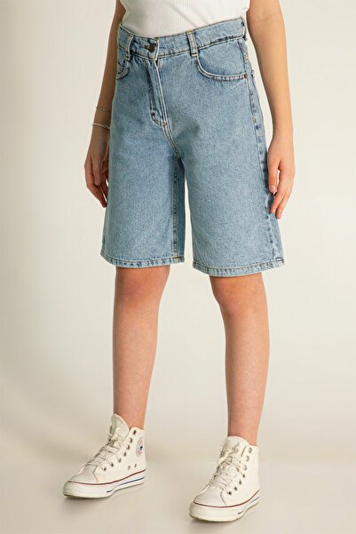DMB BOYS & GIRLS Yüksek Bel Denim Bermuda Kot Rahat Kalıp Cepli Kız Çocuk Şort