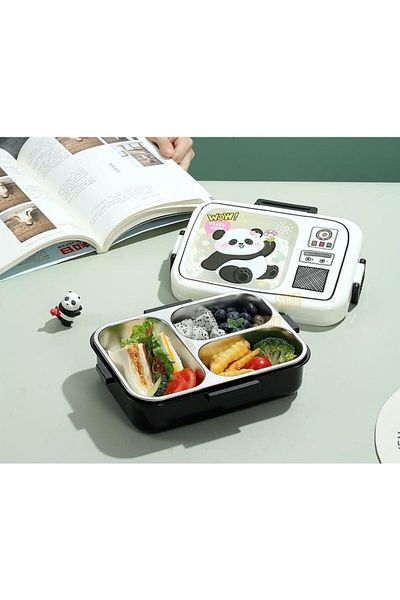 Vagonlife Bento 820ml Lunchbox Single Tier 3 Compartments Stainless Steel (White Panda)