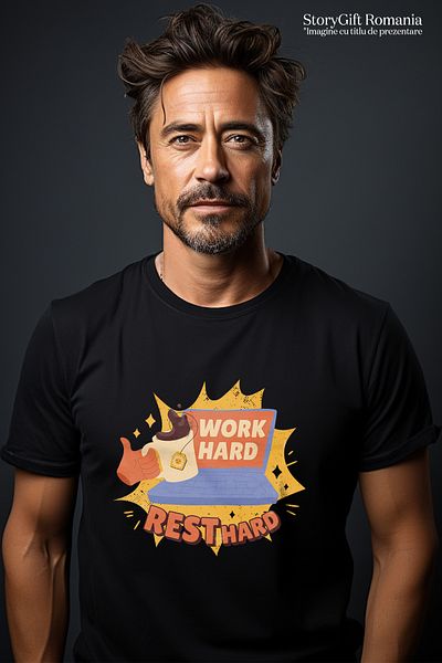StoryGift Romania Tricou bărbătesc cu mesaj motivațional „Muncă din greu, odihnește-te mai mult”, laptop, încredere în sine, contrabandă