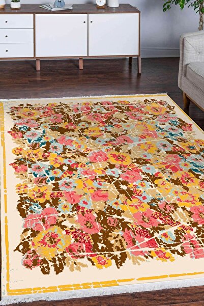 Markaev Oxford 070 Dekoratif Kaymaz Tabanlı Saçaklı Yıkanabilir Halı Yolluk M...