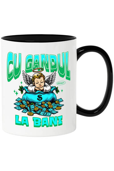 StoryGift Romania Cana cu Inger Copil Cu aripi dormind pe sac de bani, aur te...