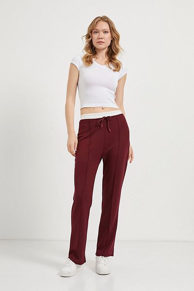Arma Life Women's Elastic Waist Garnished Grass Burgundy Trousers