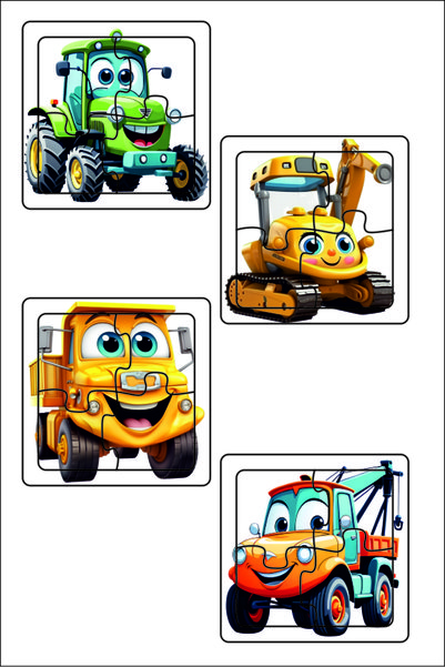Leelii Tasarım Cute Vehicles First Puzzle Colorful Car, Tractor, Truck, Tow Truck Wood Puzzle 4 Piece Set of 8