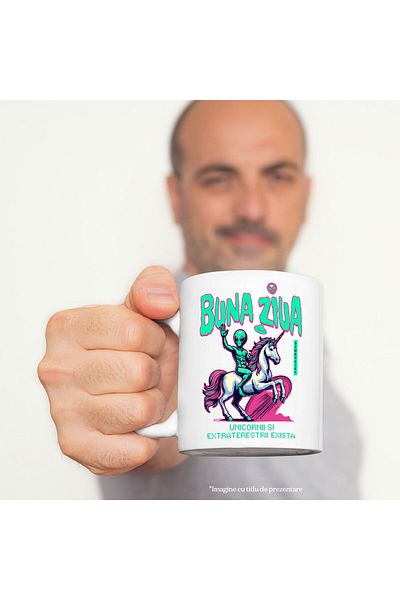 StoryGift Romania Mug with Alien on Unicorn Text Good Morning, Parallel World, Ceramic, 330ML,, With ,STG