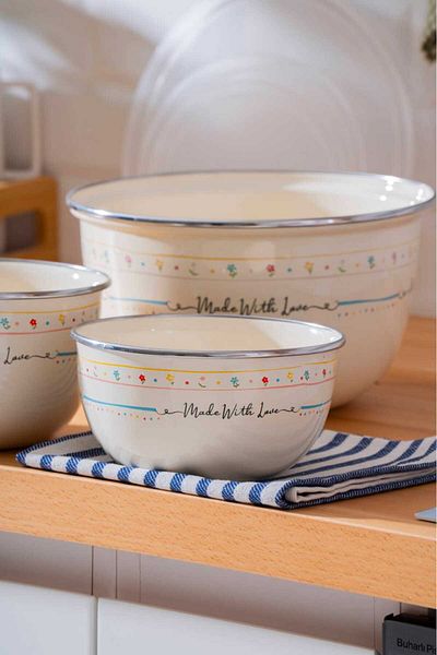 Santara Acar Made with Love Enamel 3-Piece Mixing Storage Bowl with Lid
