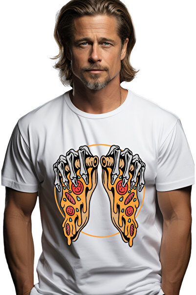 StoryGift Romania Tricou bărbătesc cu felii de pizza, schelet, mâini, cerc, brânză, mâncare, fast-food, cu Stg Im