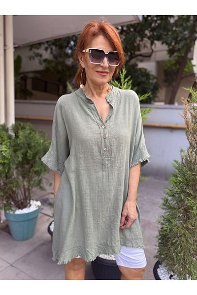 DenizEge Italian Tasseled Linen Textured Dress Khaki