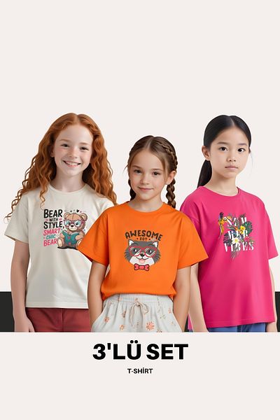 FYK KİDS تيشيرت بناتي مكون من 3 قطع مطبوع عليه HAPPINES-HONEY-SASSY