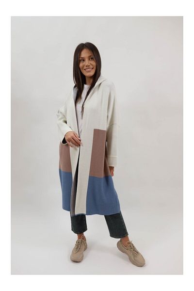 De Royal Italy LONG KNIT CARDIGAN WITH WHITE BLOCK HOOD ONE SIZE Blue