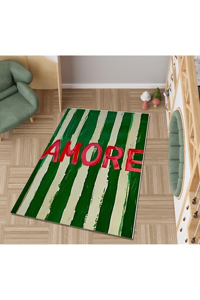 Rugs Modern Halı Lina Collection Green Asymmetrical Lines and Amore Lettering...