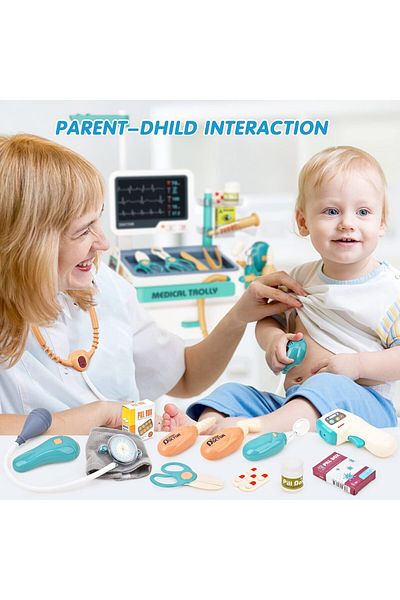indiggo Set de Joaca, Carucior Medical pentru Copii, 26 Piese, cu Sunete, Indiggo@, 3 Ani+, Turcoaz