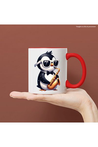 StoryGift Romania Mug with a penguin playing the saxophone, illustration, glasses, bow tie, instruments, With ,STG