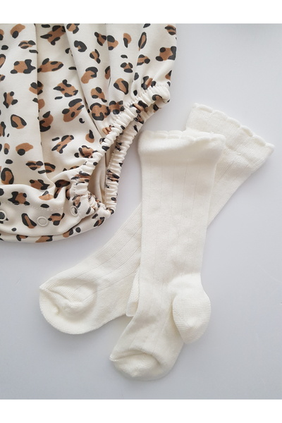 artıbebe Dantel Yakalı Leopar Desenli Kız Bebek Tulum & Çorap Seti Romper | %100 Pamuk Uzun Kollu Bebe Body