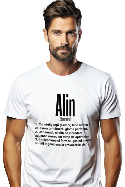 StoryGift Romania Tricou bărbătesc cu numele Alin, Inteligență, Umor, Carisma...
