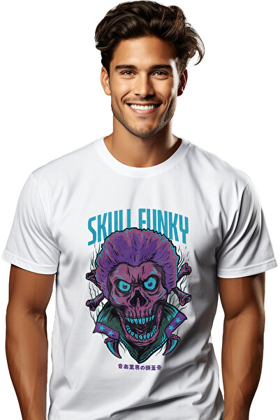 StoryGift Romania Tricou Barbati Cu Portret Schelete Craniu Om Mov Cu Par Stil Elvis Presley, Tinuta Cu GuleSTG