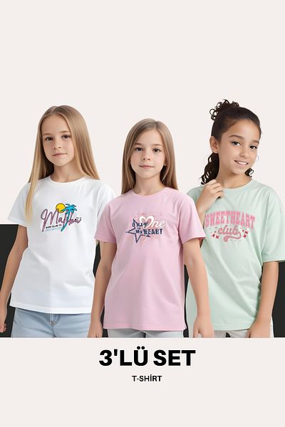 FYK KİDS Girl's 3-Piece Happines- Honey-Sassy Printed Tee