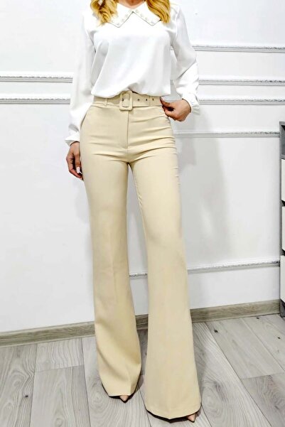 FashionForYou VELLAR flared trousers, elegant office cut and matching belt, Cream