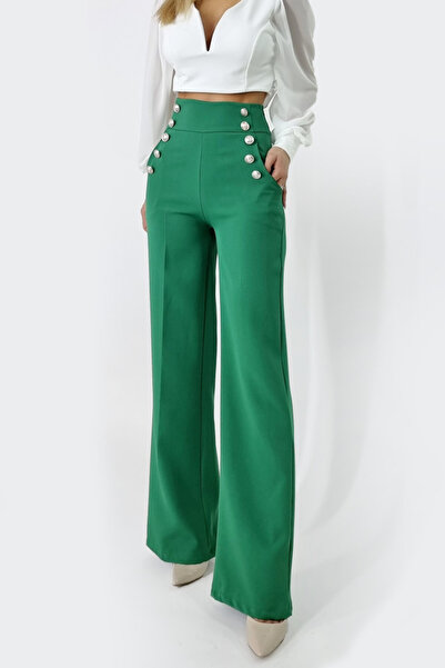 FashionForYou Pantaloni eleganti Palma, cu talie inalta, Verde