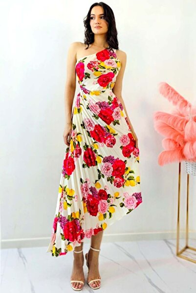 FashionForYou Rochie plisata asimetrica Elza Print, cu decupaj in zona taliei si imprimeu cu lămâi, Lemon Rose