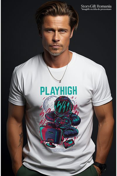 StoryGift Romania Men's T-Shirt With Man IN Astronaut Suit In Space Playing On Computer, STG Controller