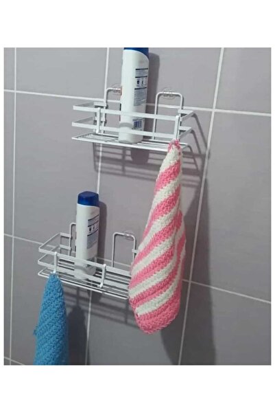YÜCEKAYA TİCARET Adhesive 2 Pieces Single Layer White Shampoo Holder Washcloth Hanger Shower Shelf, Single Layer White Soap Dish