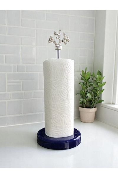 ferayhome Paper Towel Holder Roll Napkin Holder Kitchen Accessory Ceramic Navy Blue Silver - Feray Home